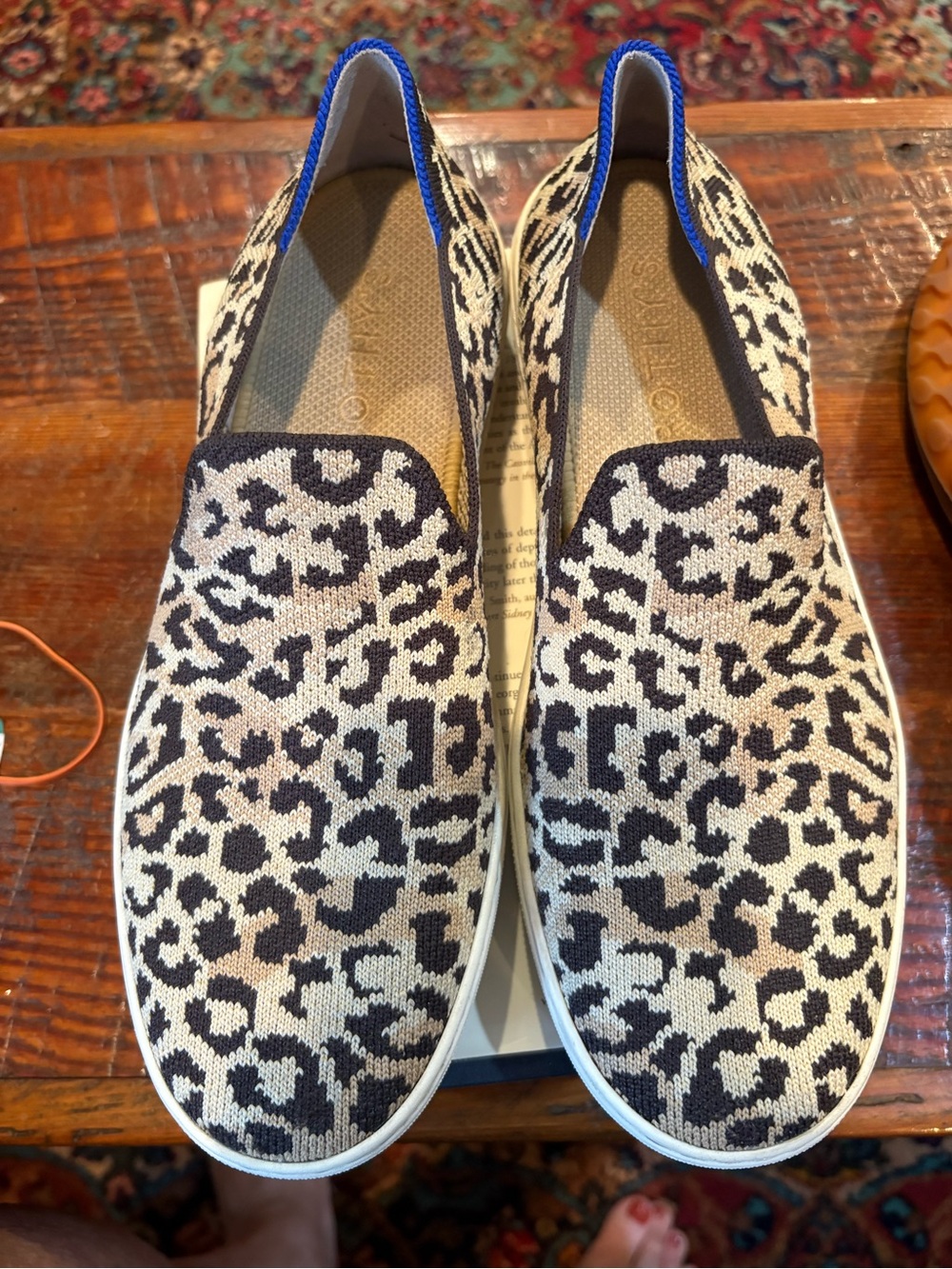 Rothy’s 8.5  Slip-On Leopard Knit Sneakers — Beige/Black